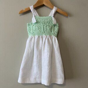 Handmade Baby Size 3 Months Green White Cotton Crochet Linen Bow Dress
